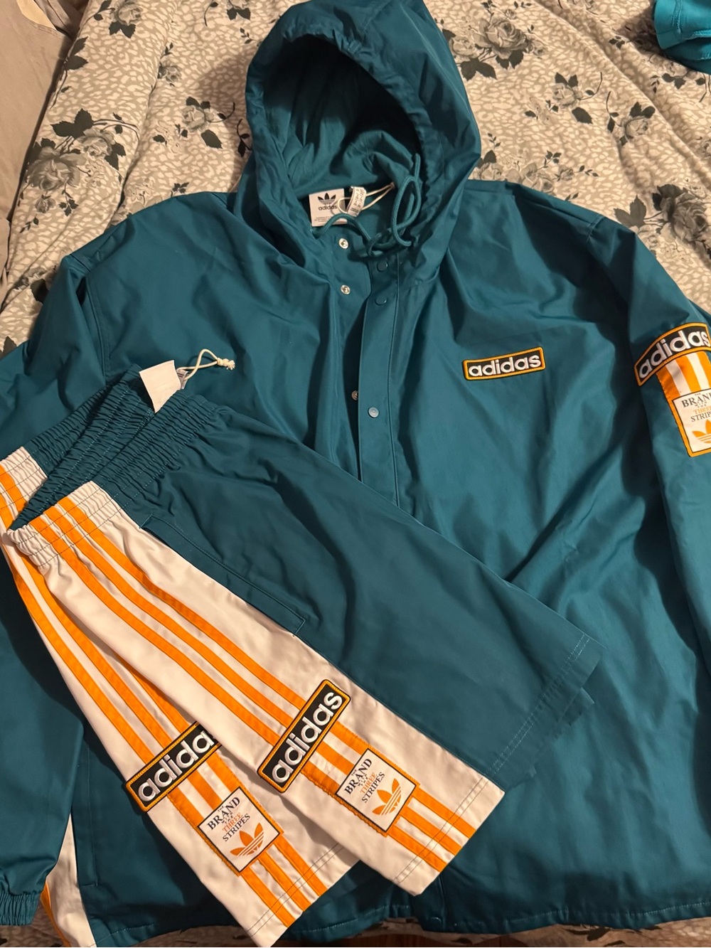 adidas Teal Jacket and Shorts Set with Orange Stripes